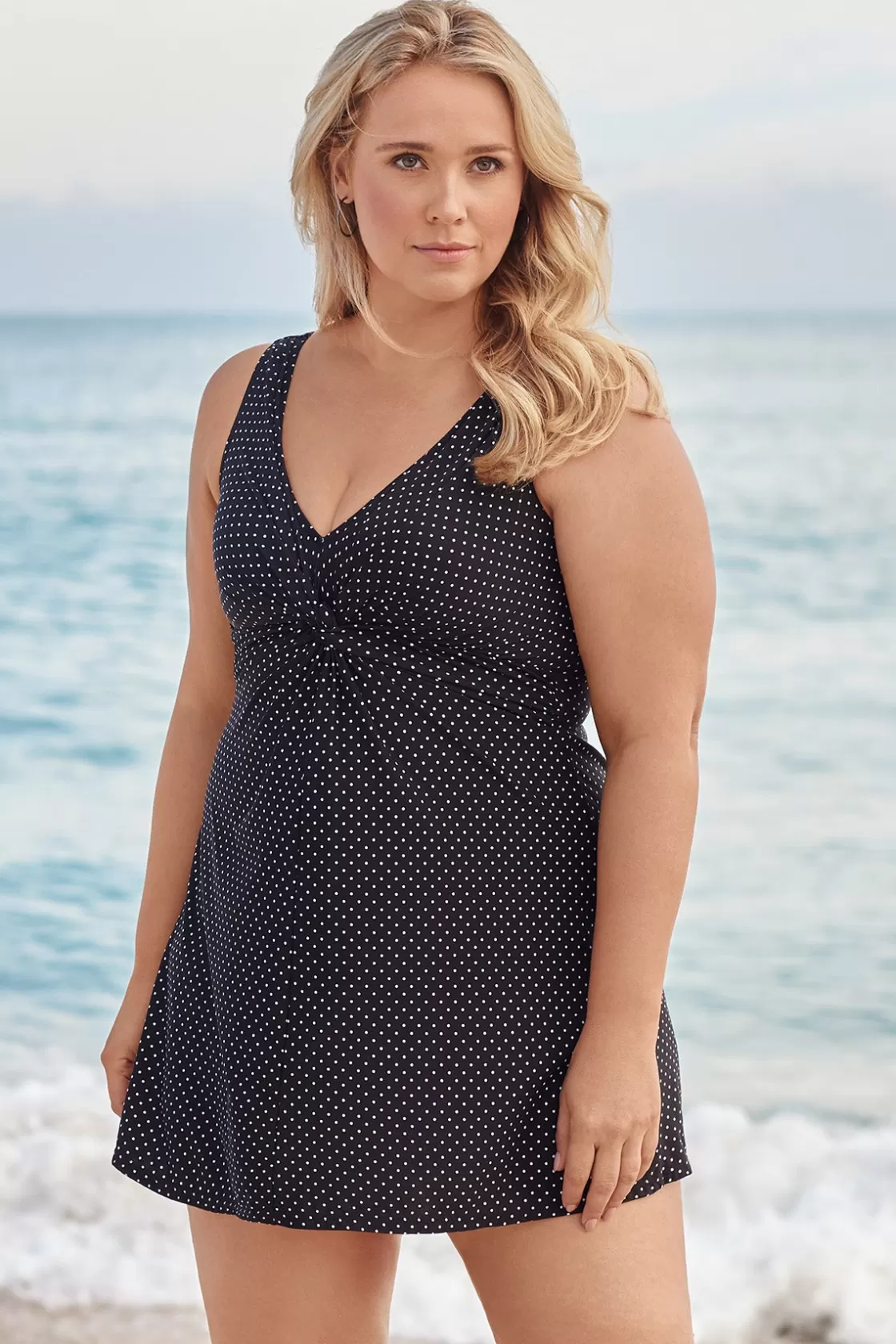 Miraclesuit Tankini Tops^Plus Size Pin Point Marais One Piece Swim Dress Black/White
